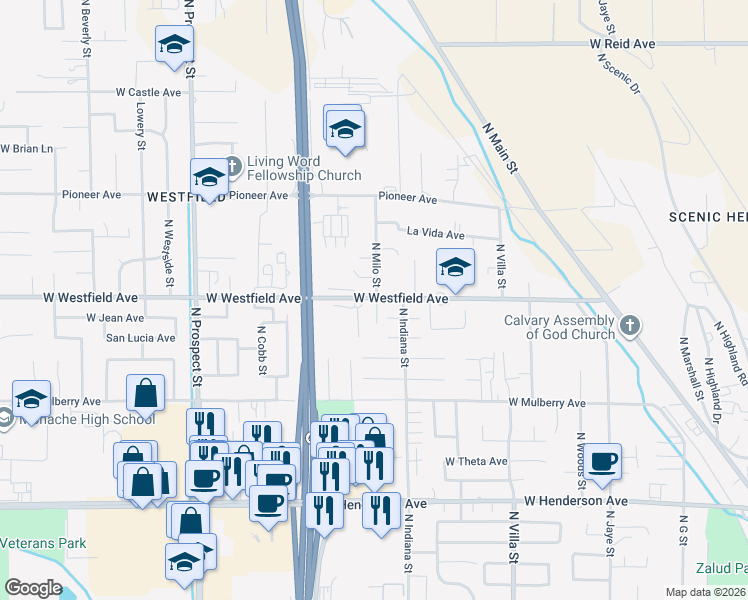 map of restaurants, bars, coffee shops, grocery stores, and more near North Jubilee Lane in Porterville