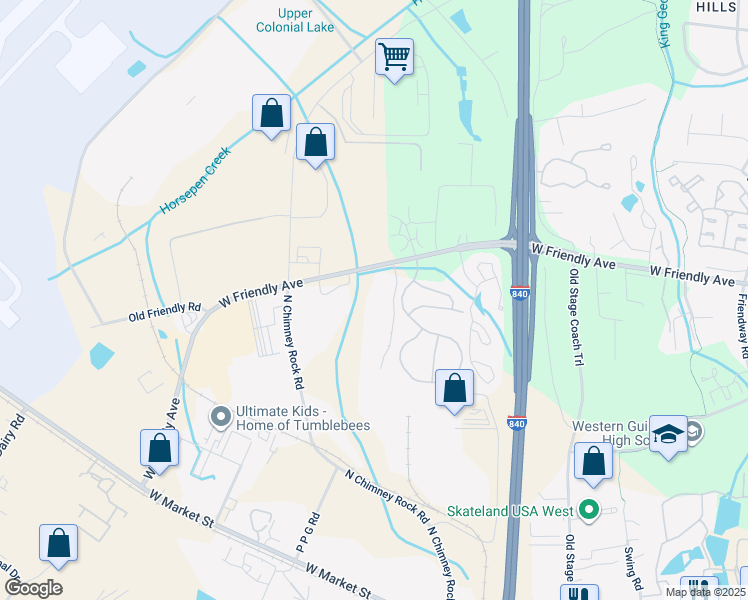 map of restaurants, bars, coffee shops, grocery stores, and more near 7123 West Friendly Avenue in Greensboro