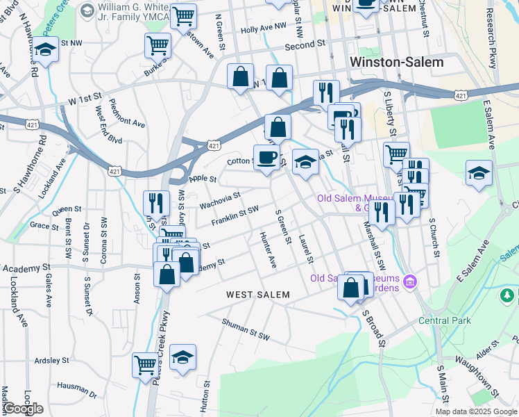 map of restaurants, bars, coffee shops, grocery stores, and more near 917 Bank Street Southwest in Winston-Salem