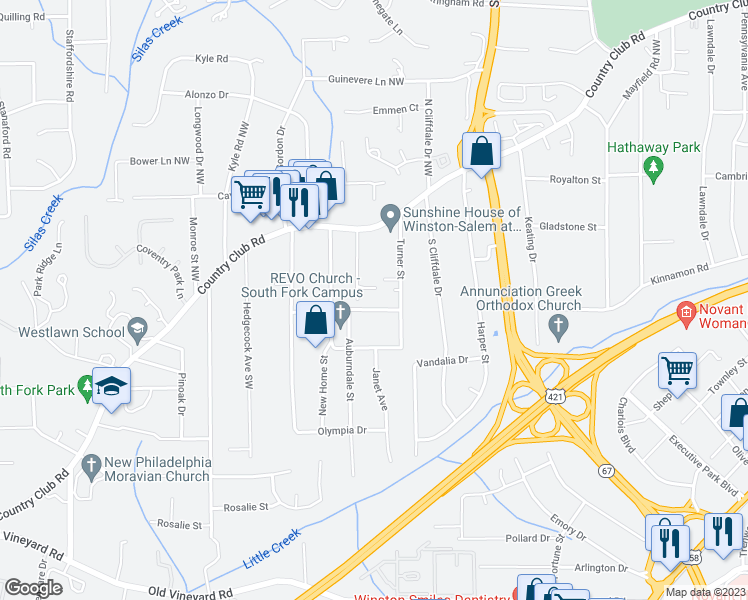 map of restaurants, bars, coffee shops, grocery stores, and more near 3816 Wayne Avenue in Winston-Salem