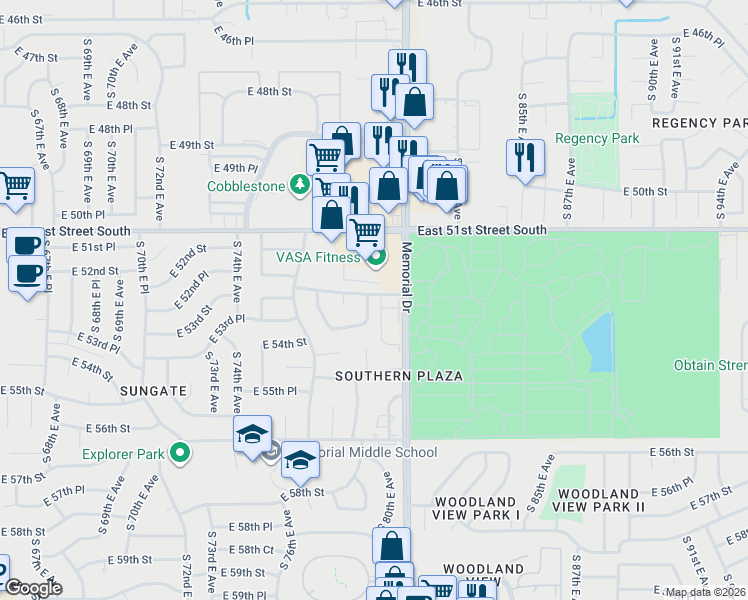 map of restaurants, bars, coffee shops, grocery stores, and more near 5319 South 79th East Avenue in Tulsa