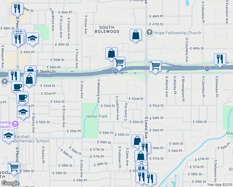 map of restaurants, bars, coffee shops, grocery stores, and more near 5212 South Yorktown Avenue in Tulsa