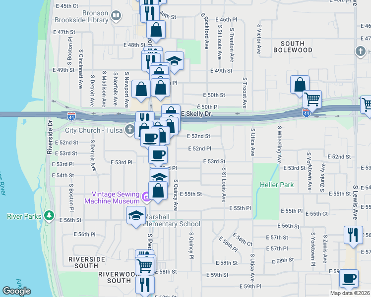 map of restaurants, bars, coffee shops, grocery stores, and more near 1407 East 53rd Street in Tulsa