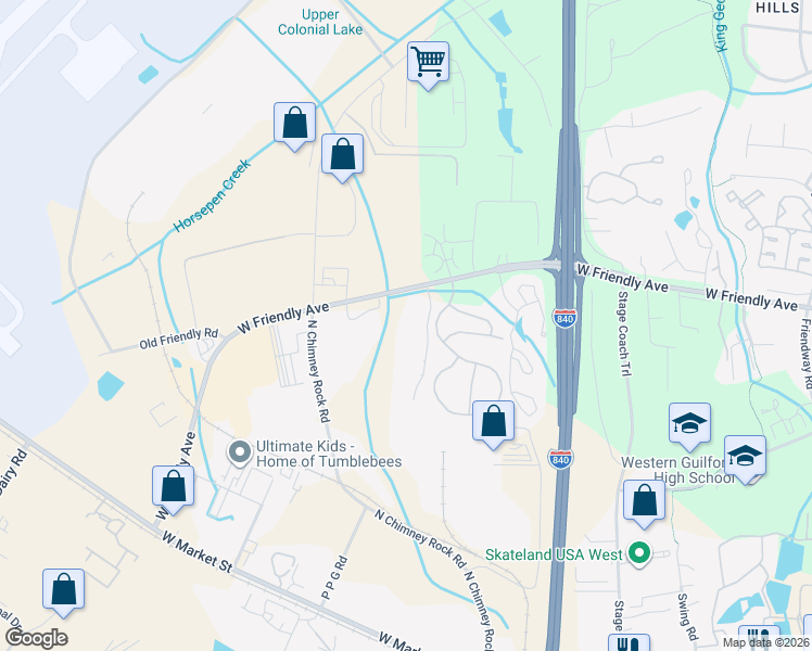 map of restaurants, bars, coffee shops, grocery stores, and more near 7123 West Friendly Avenue in Greensboro