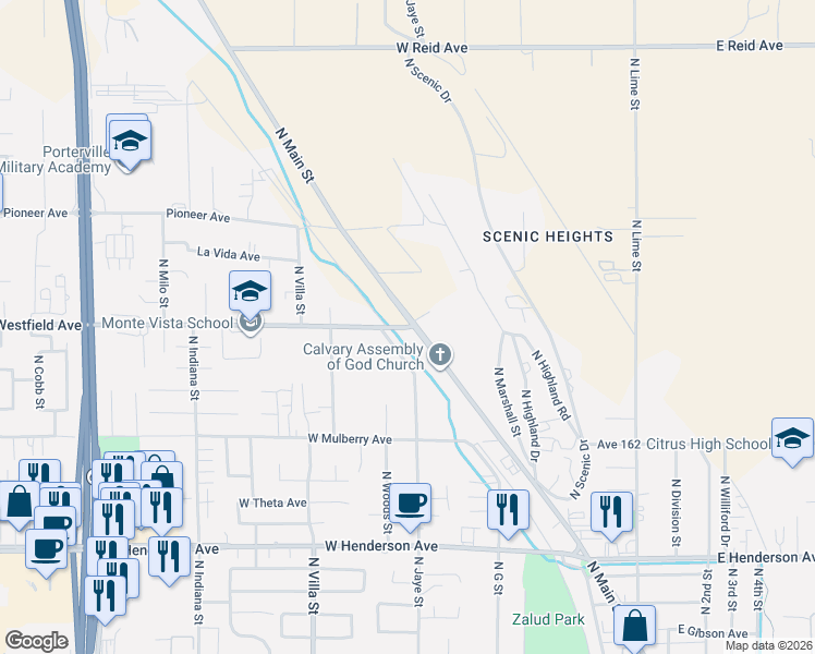 map of restaurants, bars, coffee shops, grocery stores, and more near 1181 North Main Street in Porterville