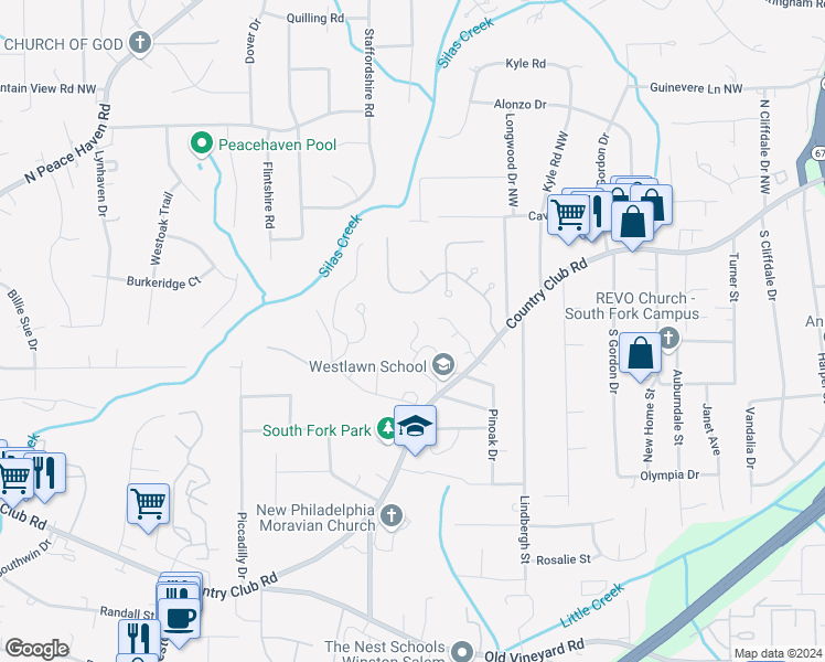 map of restaurants, bars, coffee shops, grocery stores, and more near 307 Winding Forest Drive in Winston-Salem