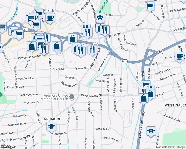 map of restaurants, bars, coffee shops, grocery stores, and more near 1900 Queen Street in Winston-Salem