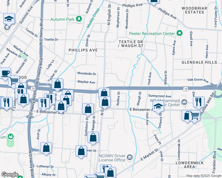 map of restaurants, bars, coffee shops, grocery stores, and more near 1507 Mcpherson Street in Greensboro