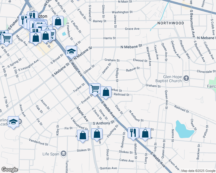 map of restaurants, bars, coffee shops, grocery stores, and more near 850 East Market Street in Burlington
