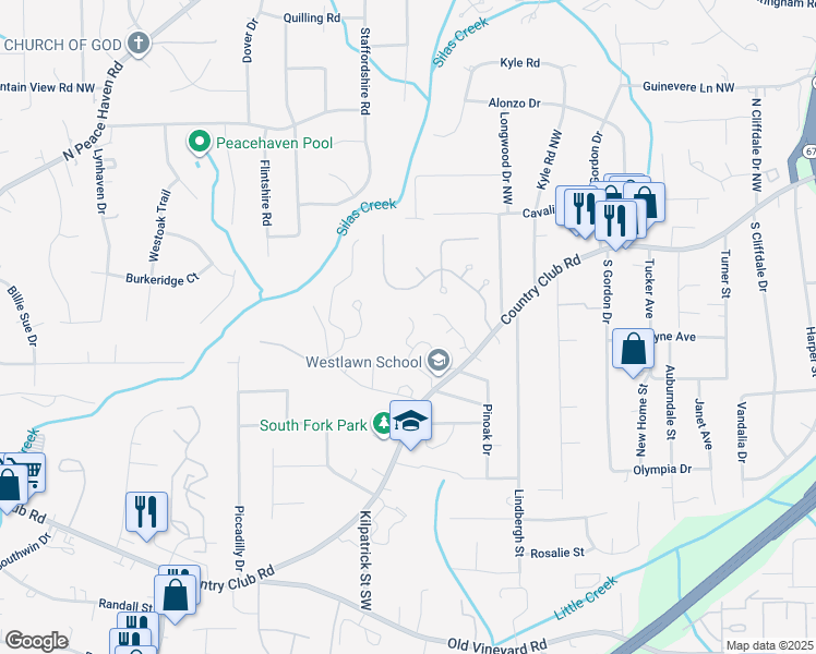 map of restaurants, bars, coffee shops, grocery stores, and more near 307 Winding Forest Drive in Winston-Salem
