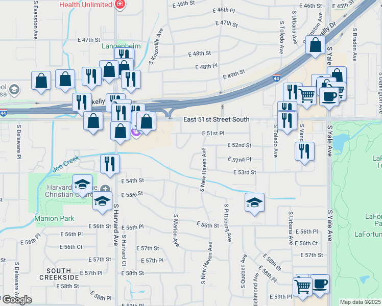 map of restaurants, bars, coffee shops, grocery stores, and more near 5222 South Marion Avenue in Tulsa