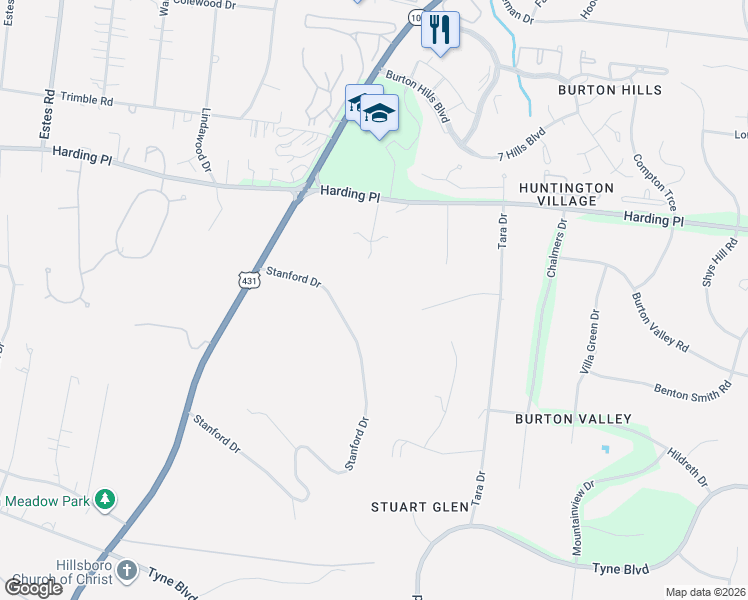 map of restaurants, bars, coffee shops, grocery stores, and more near 5142 Stanford Drive in Nashville