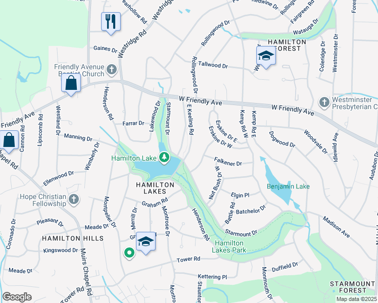 map of restaurants, bars, coffee shops, grocery stores, and more near 119 East Keeling Road in Greensboro