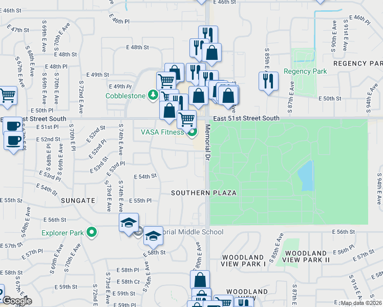 map of restaurants, bars, coffee shops, grocery stores, and more near 5319 South 79th East Avenue in Tulsa