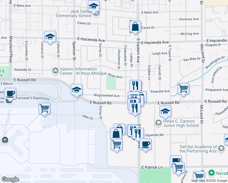 map of restaurants, bars, coffee shops, grocery stores, and more near 2211 Wagonwheel Avenue in Las Vegas