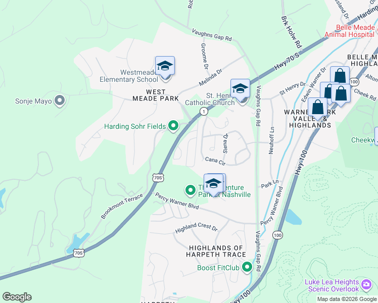 map of restaurants, bars, coffee shops, grocery stores, and more near 6501 Harding Pike in Nashville