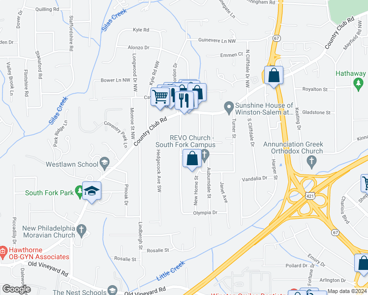 map of restaurants, bars, coffee shops, grocery stores, and more near 133 Gordon Drive Southwest in Winston-Salem