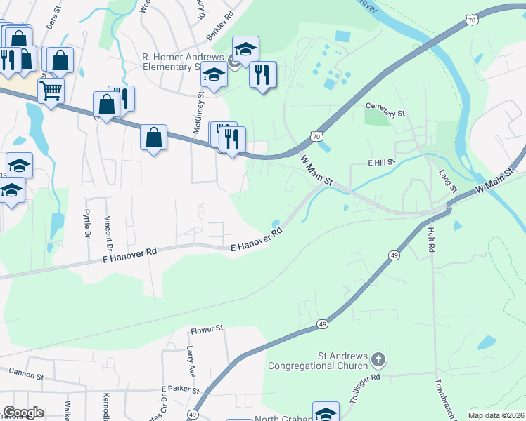 map of restaurants, bars, coffee shops, grocery stores, and more near 1036 East Hanover Road in Graham