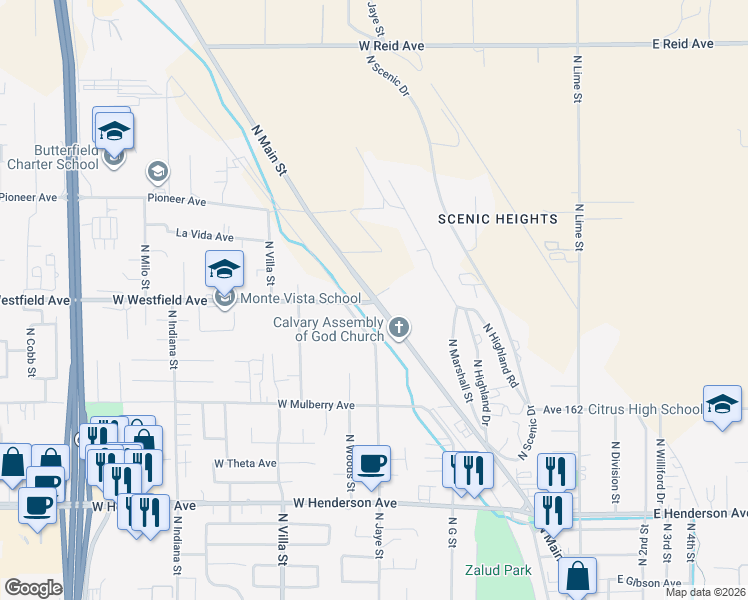 map of restaurants, bars, coffee shops, grocery stores, and more near 1181 North Main Street in Porterville