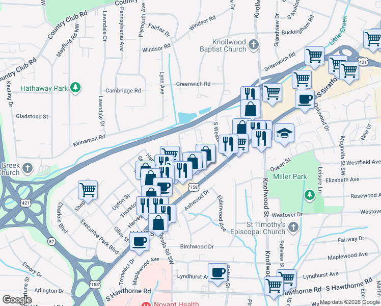 map of restaurants, bars, coffee shops, grocery stores, and more near 698 Mission Road in Winston-Salem