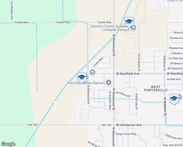 map of restaurants, bars, coffee shops, grocery stores, and more near 2571 West Westfield Avenue in Porterville