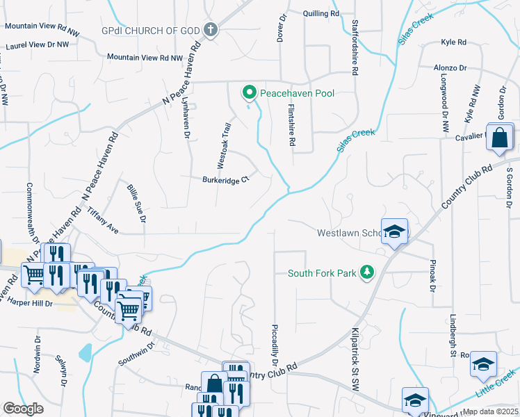 map of restaurants, bars, coffee shops, grocery stores, and more near 331 Flyntvalley Court in Winston-Salem