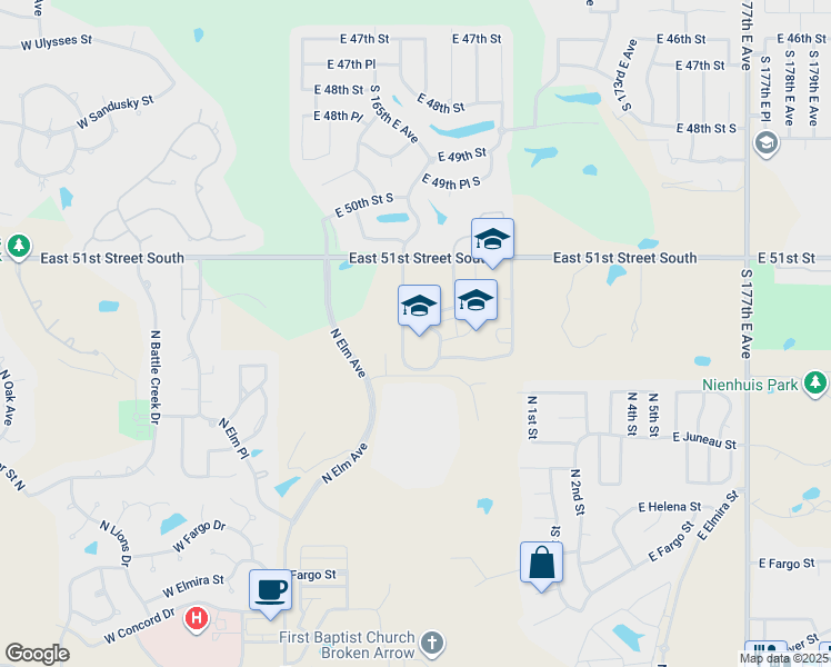 map of restaurants, bars, coffee shops, grocery stores, and more near 225 East Omaha Street in Broken Arrow