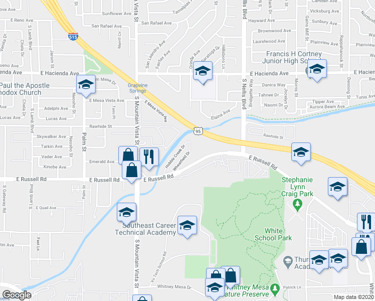 map of restaurants, bars, coffee shops, grocery stores, and more near 5597 Wheatfield Drive in Las Vegas
