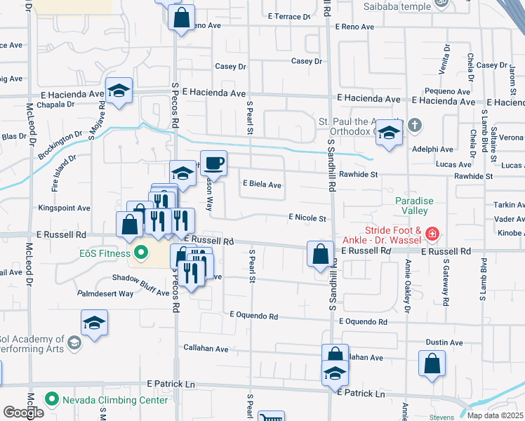 map of restaurants, bars, coffee shops, grocery stores, and more near 5626 South Junior Court in Las Vegas