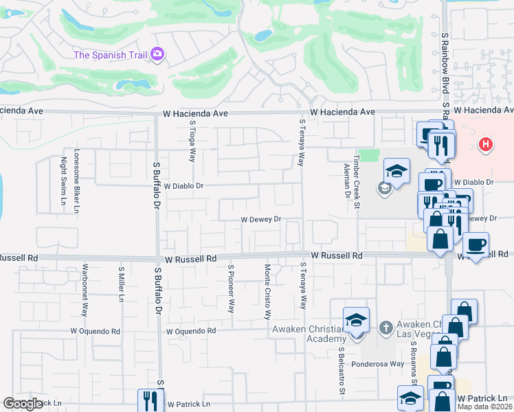 map of restaurants, bars, coffee shops, grocery stores, and more near 7528 West Dewey Drive in Las Vegas