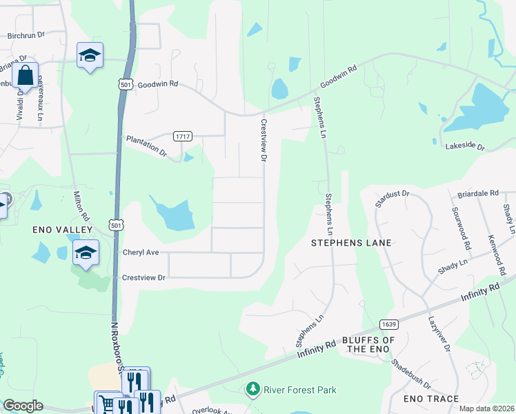 map of restaurants, bars, coffee shops, grocery stores, and more near 504 Crestview Drive in Durham