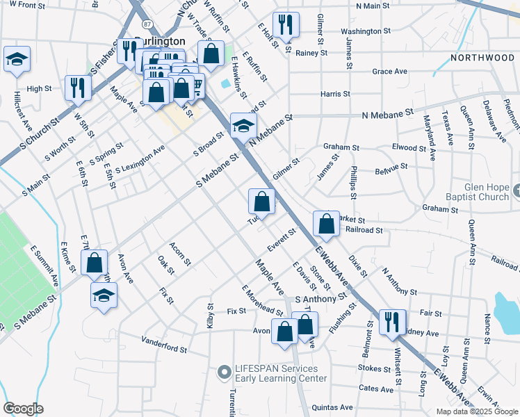 map of restaurants, bars, coffee shops, grocery stores, and more near 707 East Davis Street in Burlington
