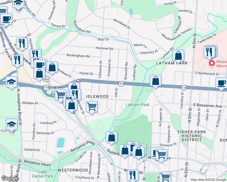 map of restaurants, bars, coffee shops, grocery stores, and more near 1003 Hill Street in Greensboro