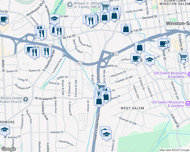 map of restaurants, bars, coffee shops, grocery stores, and more near 1448 West 4th Street in Winston-Salem