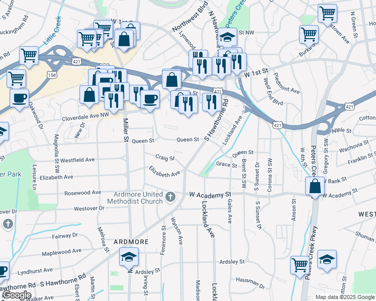 map of restaurants, bars, coffee shops, grocery stores, and more near 445 South Hawthorne Road in Winston-Salem
