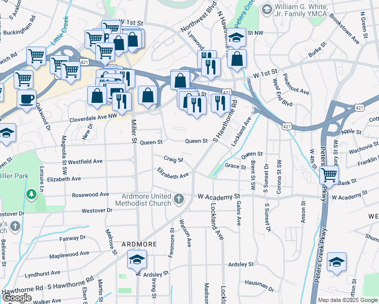 map of restaurants, bars, coffee shops, grocery stores, and more near 2025 Craig Street in Winston-Salem