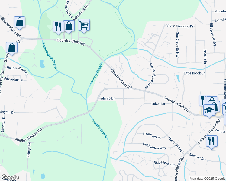 map of restaurants, bars, coffee shops, grocery stores, and more near 5430 Phillips Bridge Road in Winston-Salem