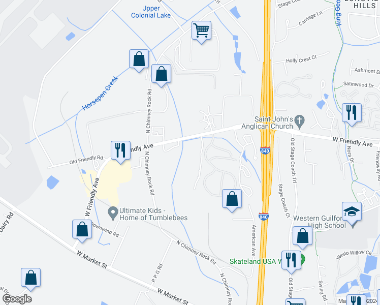 map of restaurants, bars, coffee shops, grocery stores, and more near 7123 West Friendly Avenue in Greensboro