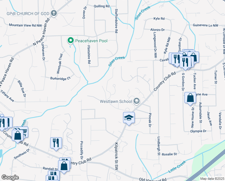 map of restaurants, bars, coffee shops, grocery stores, and more near 400 Park Ridge Lane in Winston-Salem