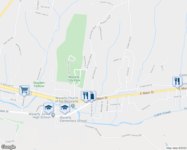 map of restaurants, bars, coffee shops, grocery stores, and more near 115 Hill Haven Drive in Waverly