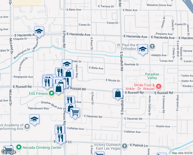 map of restaurants, bars, coffee shops, grocery stores, and more near 3630 East Nicole Street in Las Vegas
