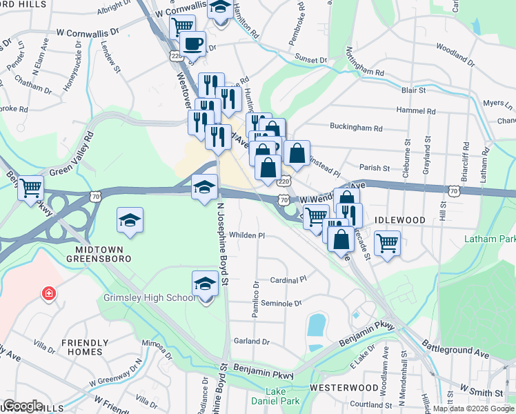map of restaurants, bars, coffee shops, grocery stores, and more near 1214 Pamlico Drive in Greensboro