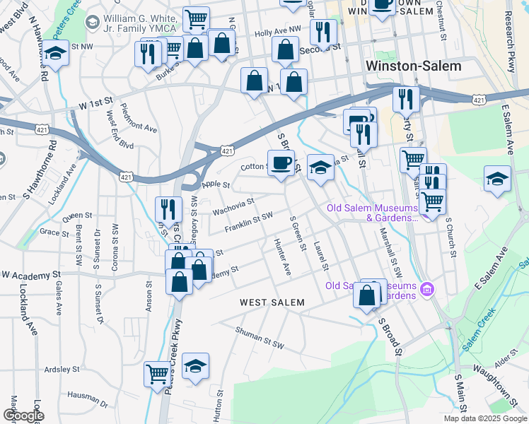 map of restaurants, bars, coffee shops, grocery stores, and more near 931 Franklin Street Southwest in Winston-Salem