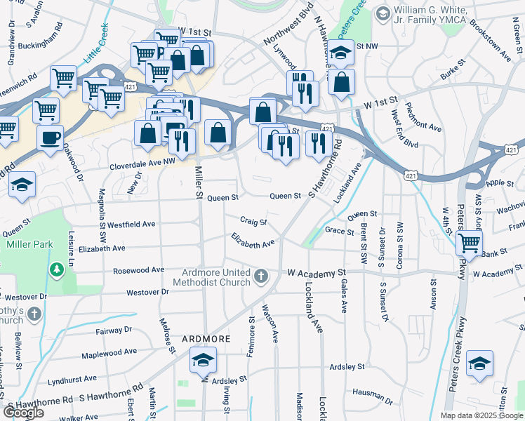 map of restaurants, bars, coffee shops, grocery stores, and more near 2051 Craig Street in Winston-Salem