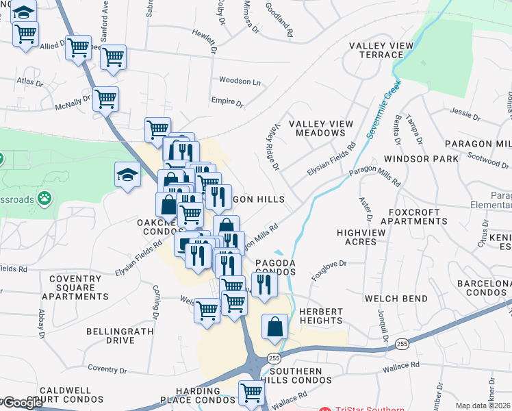 map of restaurants, bars, coffee shops, grocery stores, and more near 522 Paragon Mills Road in Nashville