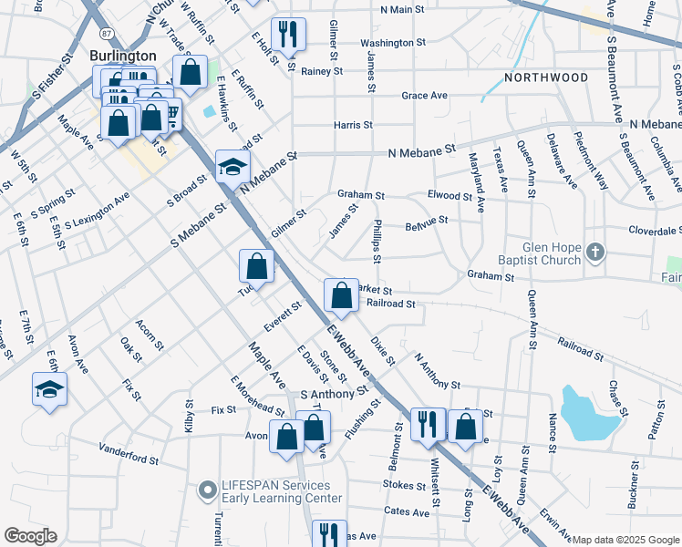 map of restaurants, bars, coffee shops, grocery stores, and more near 203 North Flanner Street in Burlington