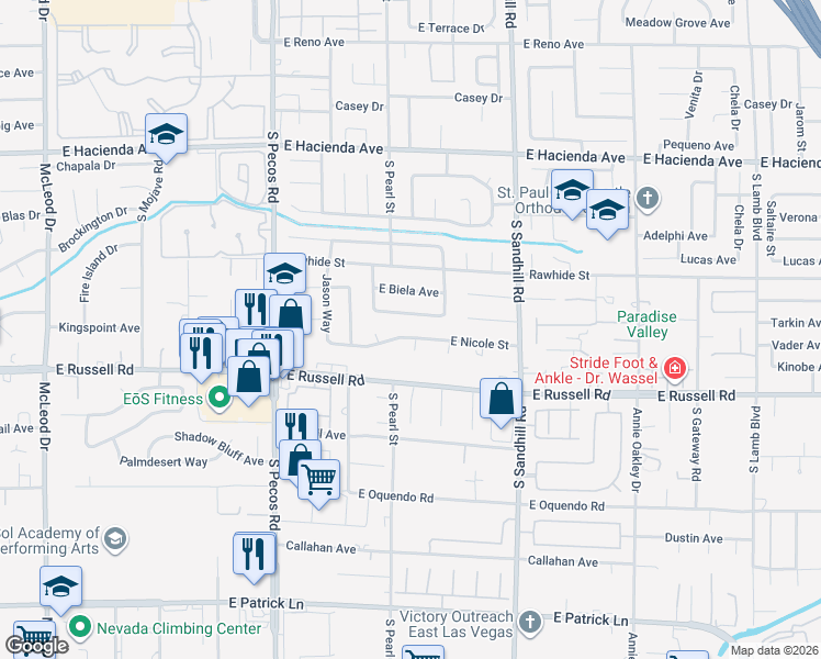 map of restaurants, bars, coffee shops, grocery stores, and more near 3630 East Nicole Street in Las Vegas