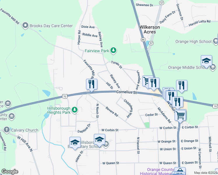 map of restaurants, bars, coffee shops, grocery stores, and more near 110 Hill Street in Hillsborough