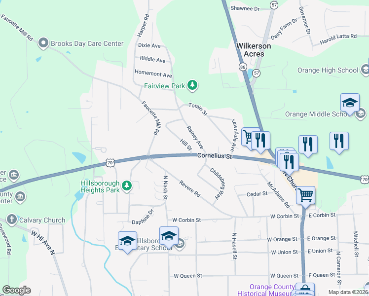 map of restaurants, bars, coffee shops, grocery stores, and more near 520 Cornelius Street in Hillsborough
