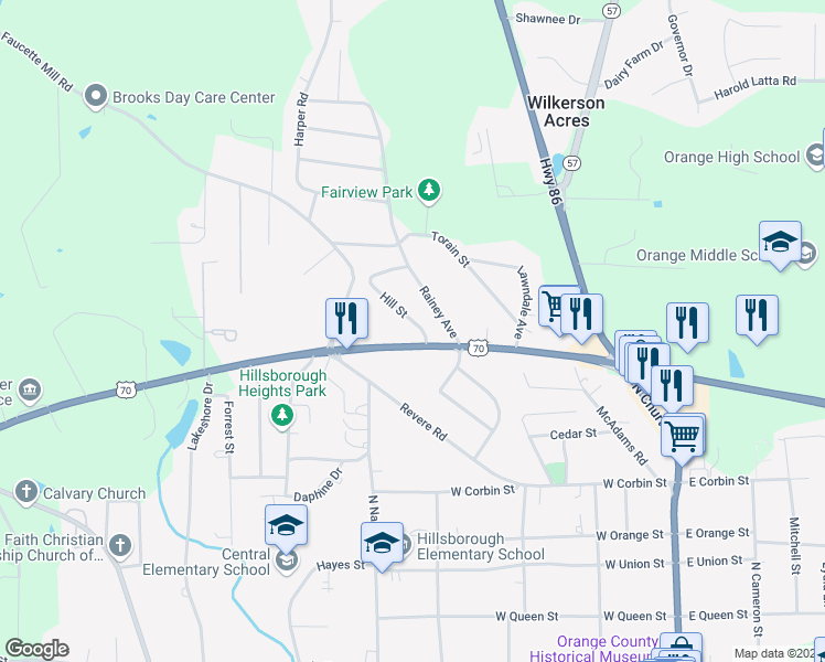 map of restaurants, bars, coffee shops, grocery stores, and more near 110 Hill Street in Hillsborough